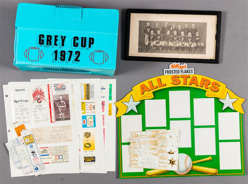 Large 1970s to 2000s Multi-Sport Memorabilia Collection Including a 1972 Grey Cup Souvenir Lunch Box, Hockey Bobble Heads, Tickets Stubs, Premiums, Clothing Items, Displays & Assorted Items