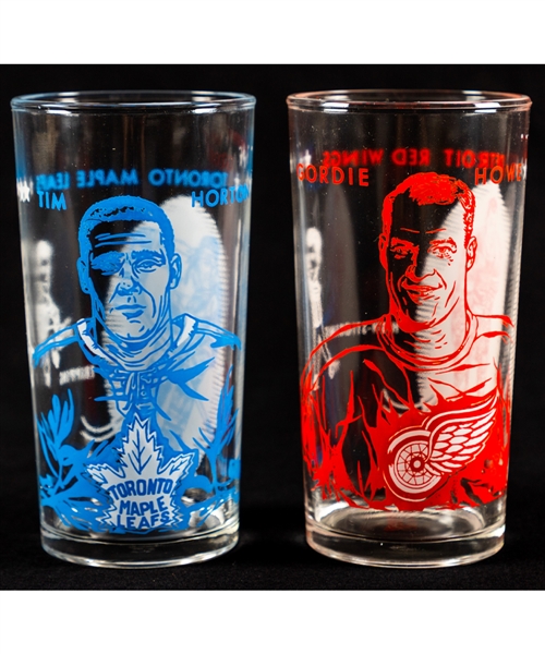 Gordie Howe and Tim Horton 1961-62 York Peanut Butter Glasses (2) from Frank Mahovlichs Personal Collection with Family LOA
