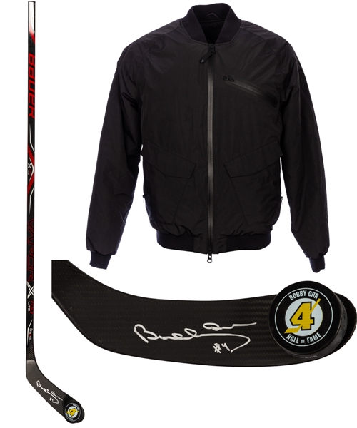 Bobby Orr Hall of Fame Celebrity Golf Classic (5 Pieces) Including Jackets (2) and Bobby Orr Signed Hockey Stick from Frank Mahovlichs Personal Collection with Family LOA