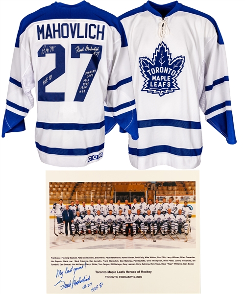 Frank Mahovlichs 2000 Toronto Maple Leafs Heroes of Hockey Signed "Final Game" Game-Worn Jersey with Annotations and Signed Photo from his Personal Collection with Family LOA
