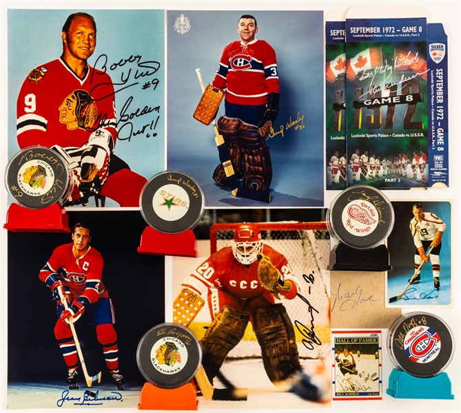 Signed and Unsigned NHL Puck Collection (69) Plus Signed Photos/Items (20) including HOFers Jean Beliveau, Bobby Hull, Gordie Howe, Vladislav Tretiak and Others 