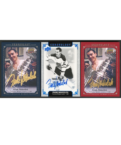 Frank Mahovlichs Signed 2018-19 Upper Deck Chronology Timeless Memories #CA-FM (2) and Chronology Franchise History #FH-TO-FM Hockey Cards from his Personal Collection with Family LOA