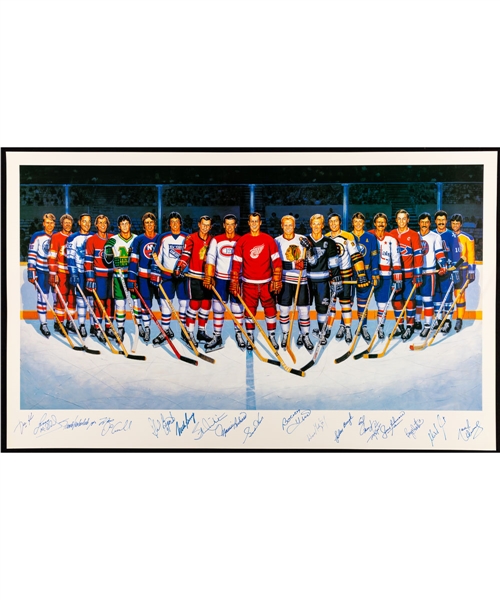 500-Goal Scorers Lithograph Autographed by 19 Including Maurice Richard, Gordie Howe and Wayne Gretzky from Frank Mahovlichs Personal Collection with Family LOA