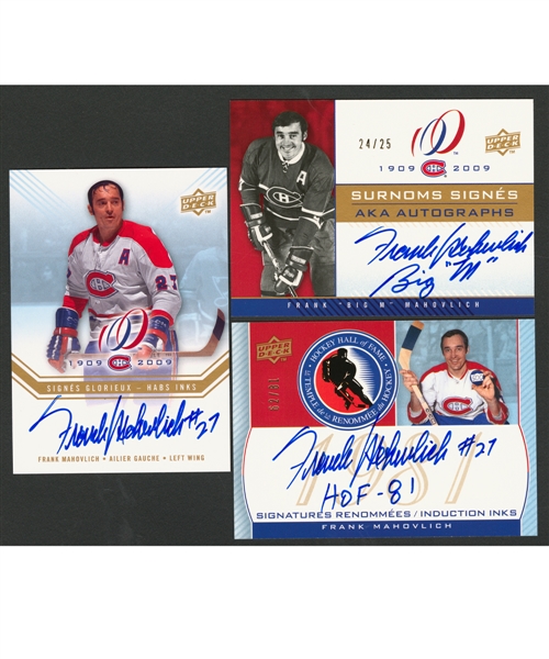 Frank Mahovlichs Rare, Never Released Signed 2008-09 Upper Deck Montreal Canadiens Centennial "Habs INKS", "HOF Induction INKS" and "AKA Signings" Hockey Cards from his Personal Collection with Fami