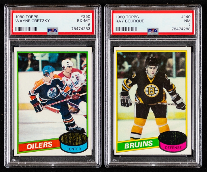 1980-81 Topps Hockey Near Complete Unscratched Card Set (260/264) Including PSA-Graded Cards #140 HOFer Ray Bourque Rookie (NM 7) and #250 HOFer Wayne Gretzky (EX-MT 6)