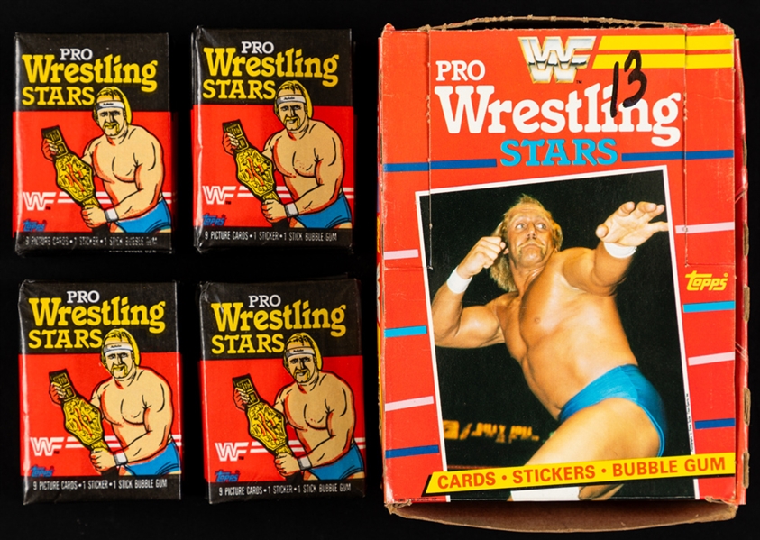 1985 Topps WWF Pro Wrestling Display Box with 19 Wax Packs - Hulk Hogan Rookie Card Year