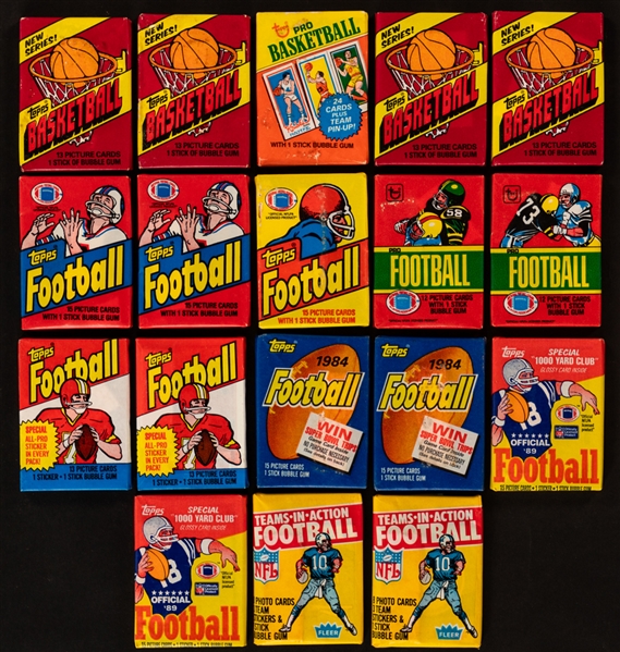1980s and 1990s Topps NFL Football/NBA Basketball Wax Pack Collection of 39 Including 1980 to 1989 Topps Packs (11) Plus 1979 Topps Soccer (2) and 1991-92 Kayo Boxing (2) Wax Boxes