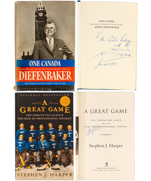 Canadian Prime Ministers/Politicians Signed Books (4) Including John Diefenbaker, Joe Clark, Stephen Harper and Jack Layton