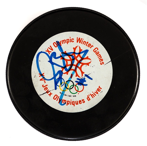 Calgary 1988 Winter Olympics Game Puck Signed by Sean Burke with LOA