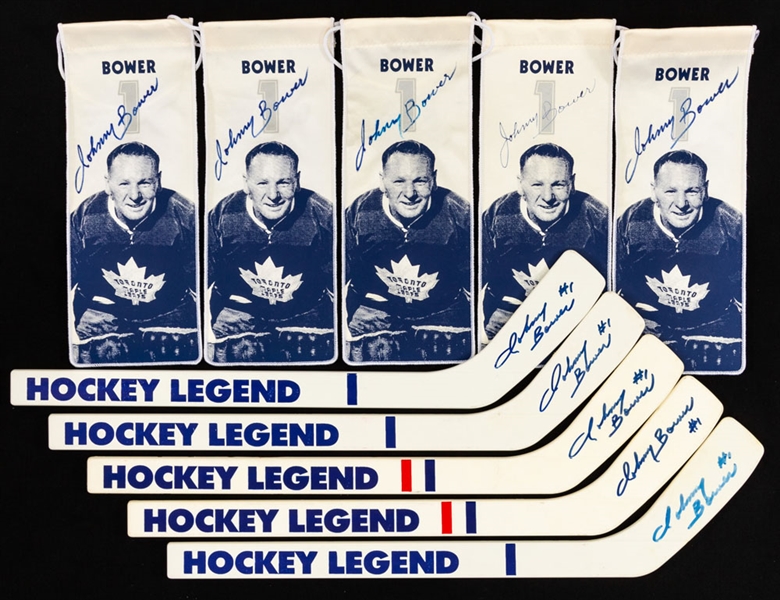Deceased HOFer Johnny Bower Toronto Maple Leafs Signed Mini Pennant and Mini Stick Collection of 10 with LOA