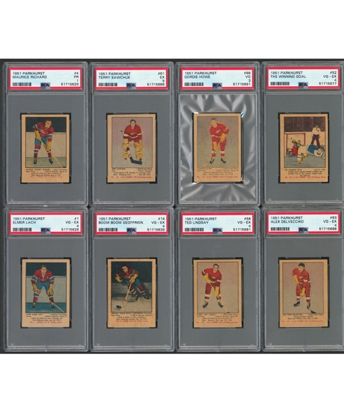 1951-52 Parkhurst Hockey Complete 105-Card Set with 96 PSA-Graded Cards Including #4 HOFer Maurice Richard RC (PSA 1), #61 HOFer Terry Sawchuk RC (PSA 5) and #66 HOFer Gordie Howe RC (PSA 3)
