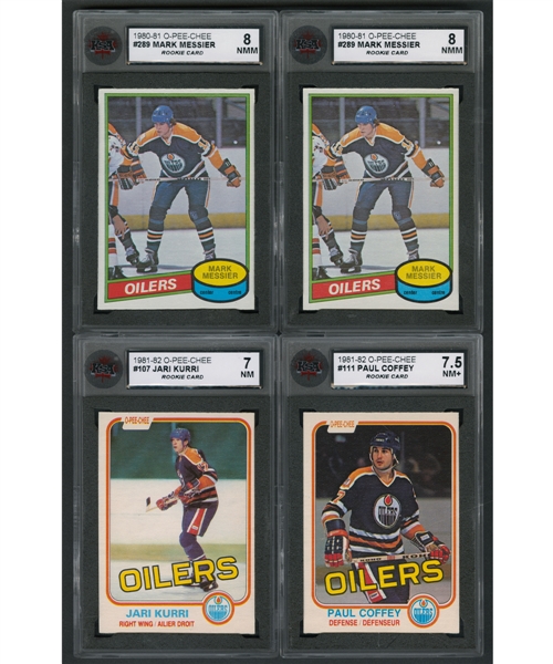 1980-81 and 1981-82 O-Pee-Chee Hockey Edmonton Oilers KSA-Graded Rookie Cards of Mark Messier (2 - Both 8 NMM), Jari Kurri (7 NM) and Paul Coffey (7.5 NM+)