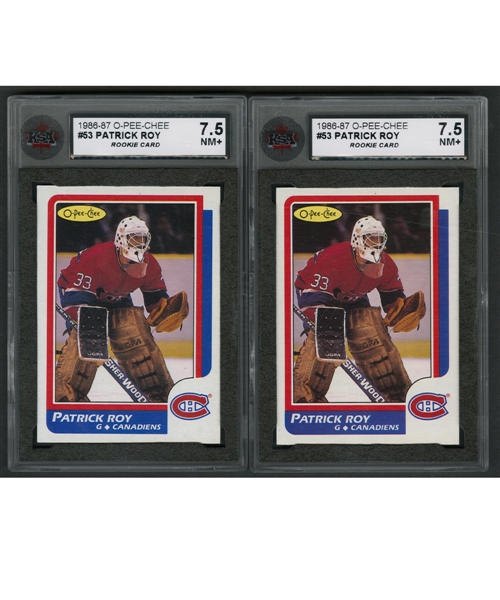 1986-87 O-Pee-Chee Hockey #53 HOFer Patrick Roy Rookie Cards (2) - Both Graded KSA 7.5
