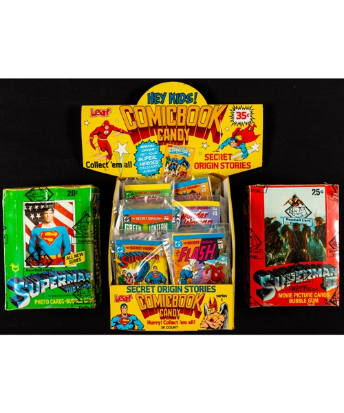 1978 Topps Superman The Movie Series 2 and 1981 Topps Superman II Wax Boxes (36 Unopened Packs Per Box - Both BBCE Certified) Plus 1981 Leaf Comic Book Candy DC Secret Origin Box with 36 Sealed Packs