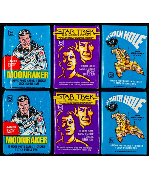 1979 Topps Moonraker (26 Unopened Packs), 1979 Topps Star Trek (35 Unopened Packs) and 1979 Topps The Black Hole (36 Unopened Packs)
