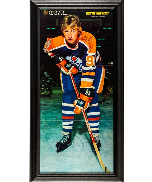 Wayne Gretzky Edmonton Oilers Signed 1980s Goal Magazine Framed Rookie Season Poster with LOA (13 ½” x 26 ½”) 