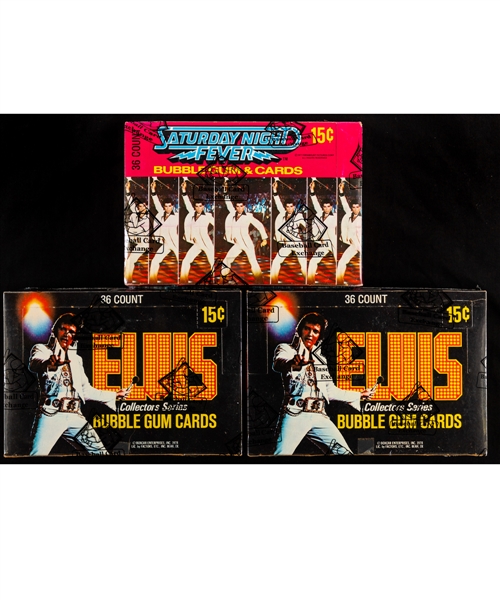 1977 Donruss Saturday Night Fever Wax Box (36 Unopened Packs) and 1978 Donruss Elvis Presley Wax Boxes (2)(36 Unopened Packs in Each Box) - All BBCE Certified