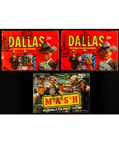 1981 Donruss Dallas Wax Boxes (2) (BBCE - 36 Unopened Packs in Each Box), 1982 Donruss M*A*S*H Wax Box (BBCE - 36 Unopened Packs) Plus Partial Boxes of 1978 OPC Mork & Mindy and 1981 Fleer Heres Bo 