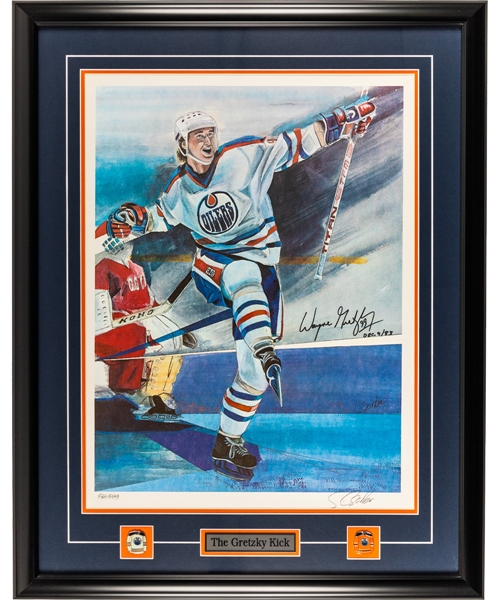 Wayne Gretzky Signed 1983 "The Kick" Edmonton Oilers Limited-Edition Framed Lithograph #932/999 by Steven Csorba with LOA (26” x 33”)