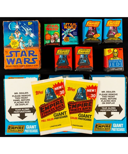 1978 Topps Star Wars, 1980 Empire Strikes Back and 1983 Return of the Jedi Unopened Packs (40) Plus 1980 Topps Empire Strikes Back Giant Photo Card Boxes (3)(36 Unopened Packs in Each Box)