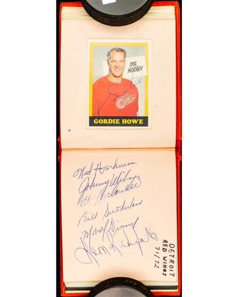 1970s Hockey Autograph Album with 250+ Signatures including 32 HOFers Plus Inserted Signed Gordie Howe 1969-70 O-Pee-Chee Hockey Card and 1970-71 Colgate stamps (58) 