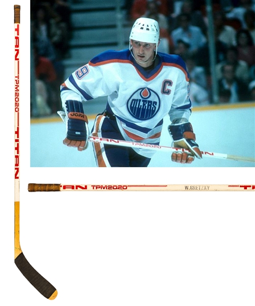 Wayne Gretzkys 1984-85 Edmonton Oilers Titan TPM 2020 Game-Used Stick - Art Ross, Conn Smythe, Hart Memorial and Stanley Cup Championship Season!