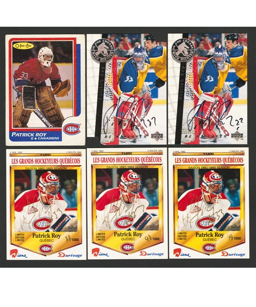 1986-87 O-Pee-Chee Hockey Card #53 HOFer Patrick Roy Rookie, 1992-93 Panini Durivage Patrick Roy Signed Limited Edition Cards (3) and 1995-96 Be A Player Patrick Roy Signed Cards (2)