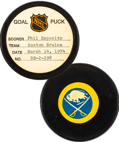 Phil Esposito’s Boston Bruins March 14th 1974 Goal Puck from the NHL Goal Puck Program - Season Goal #60 of 68 / Career Goal #458 of 717 – Game-Winning Goal 