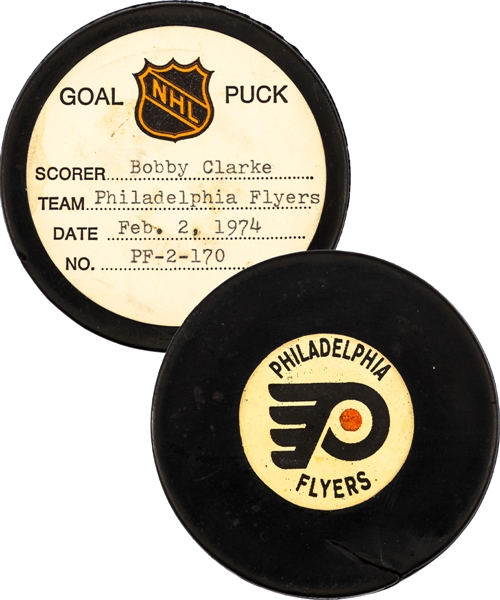 Bobby Clarke’s Philadelphia Flyers February 2nd 1974 Goal Puck from the NHL Goal Puck Program - Season Goal #21 of 35 / Career Goal #134 of 358 - 3rd Goal of Hat Trick