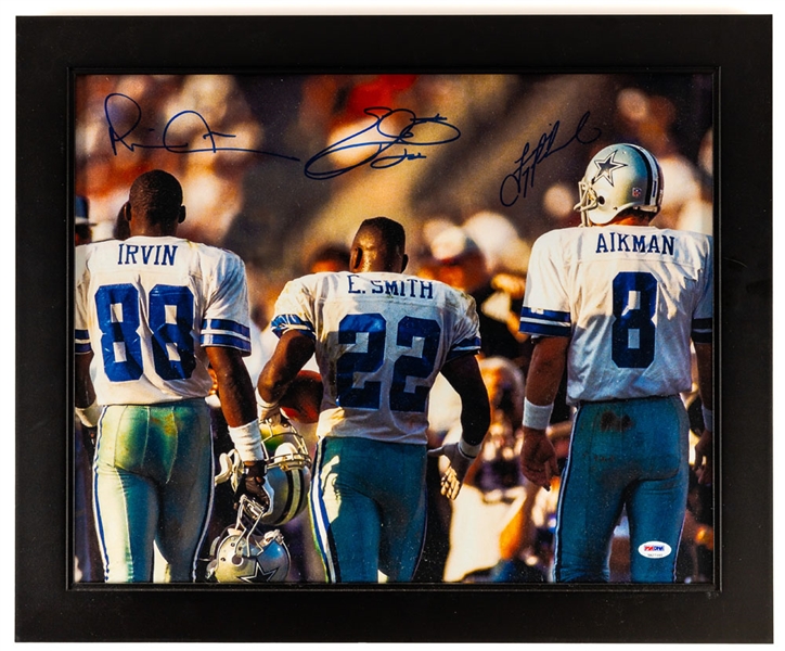 Dallas Cowboys Troy Aikman, Emmitt Smith and Michael Irvin Signed "The Triplets" Framed Photo (19" x 23") - PSA/DNA Authenticated