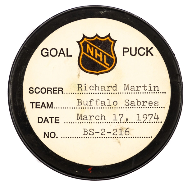 Richard Martin’s Buffalo Sabres March 17th 1974 Goal Puck from the NHL Goal Puck Program - Season Goal #44 of 52 / Career Goal #125 of 384 - 1st Goal of Hat Trick - Game-Winning Goal