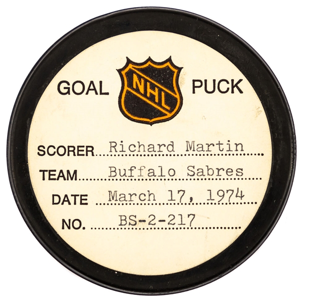 Richard Martin’s Buffalo Sabres March 17th 1974 Goal Puck from the NHL Goal Puck Program - Season Goal #45 of 52 / Career Goal #126 of 384 - 2nd Goal of Hat Trick