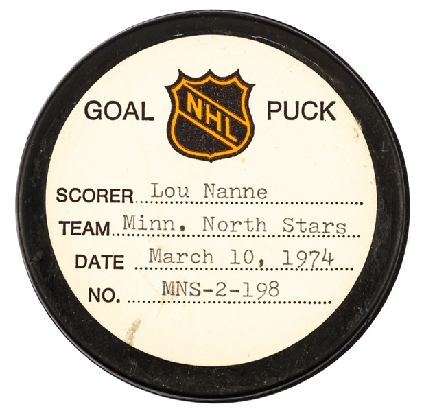 Lou Nanne’s Minnesota North Stars March 10th 1974 Goal Puck from the NHL Goal Puck Program - Season Goal #9 of 11 / Career Goal #55 of 68