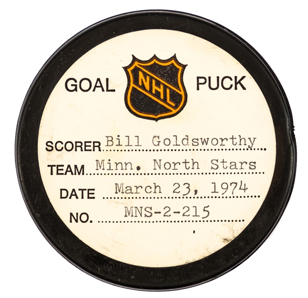 Bill Goldsworthy’s Minnesota North Stars March 23rd 1974 Goal Puck from the NHL Goal Puck Program - Season Goal #44 of 48 / Career Goal #206 of 283 - 2nd Goal of Hat Trick - Game-Winning Goal