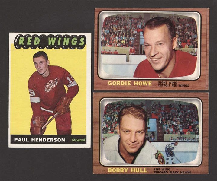 1965-66 Topps Hockey Card #51 Paul Henderson Rookie, 1966-67 Topps #109 HOFer Gordie Howe and 1966-67 Topps #112 HOFer Bobby Hull