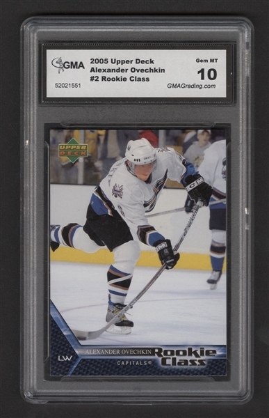 2005-06 Upper Deck Rookie Class Hockey Card #2 Alexander Ovechkin (Graded GMA 10) and 2018-19 Upper Deck Hockey Series Two 10-Pack Sealed Blaster Box