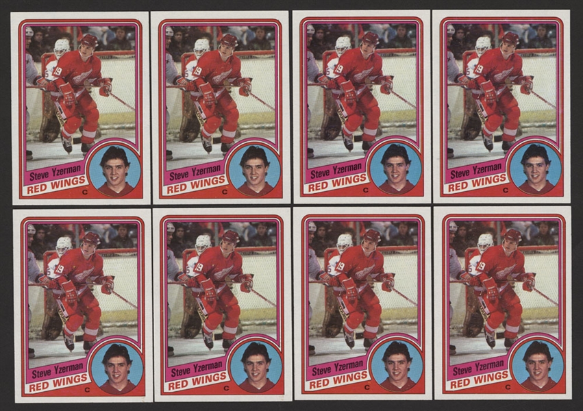 1984-85 Topps Hockey Card #49 HOFer Steve Yzerman Rookie (8 Cards) Plus 1984-85 Topps Empty Wax Box and Wrappers (15)
