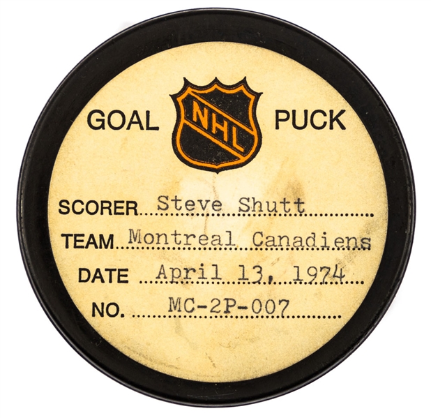 Steve Shutt’s Montreal Canadiens April 13th 1974 Playoff Goal Puck from the NHL Goal Puck Program - Season POG #3 of 5 / Career POG #3 of 50 - Assisted by Frank Mahovlich and Jacques Lemaire