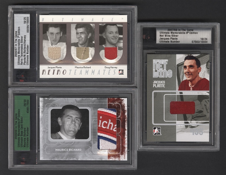 2006-07 ITG Retro Teammates Silver Plante/Richard/Harvey (18/25), 2007-08 ITG Net Wins Silver Jacques Plante (18/24), 2008-09 ITG Ultimate Base Card Silver Maurice Richard (28/50) Plus 3 Others