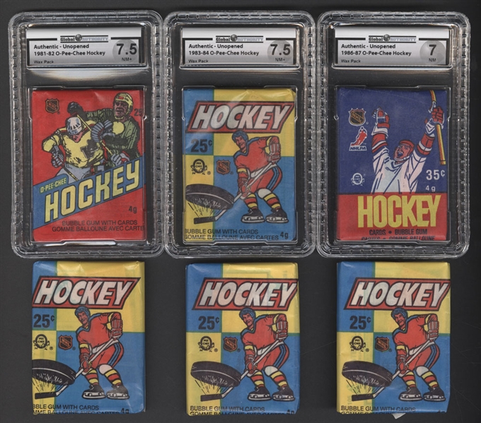1981-82 to 1986-87 O-Pee-Chee Hockey Unopened Wax Packs (6) - Some Certified