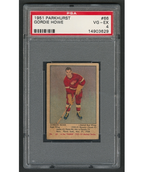 1951-52 Parkhurst Hockey Card #66 HOFer Gordie Howe Rookie – Graded PSA 4