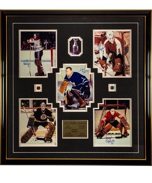 "Legendary Goalies" Single-Signed Photos (5) Framed Display with COA Featuring Dryden, Parent, Bower, Cheevers and Esposito (32" x 32")