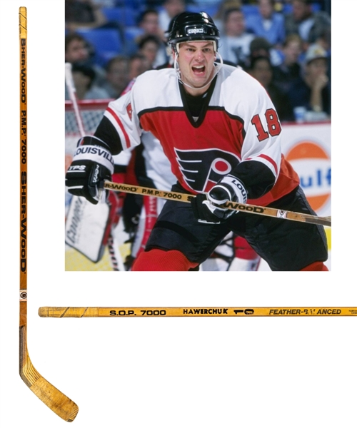 Dale Hawerchuks Mid-1990s Philadelphia Flyers Sher-Wood PMP 7000 Game-Used Stick with Family LOA 