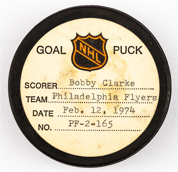 Bobby Clarke’s Philadelphia Flyers February 2nd 1974 Goal Puck from the NHL Goal Puck Program - Season Goal #20 of 35 / Career Goal #133 of 358 - 2nd Goal of Hat Trick