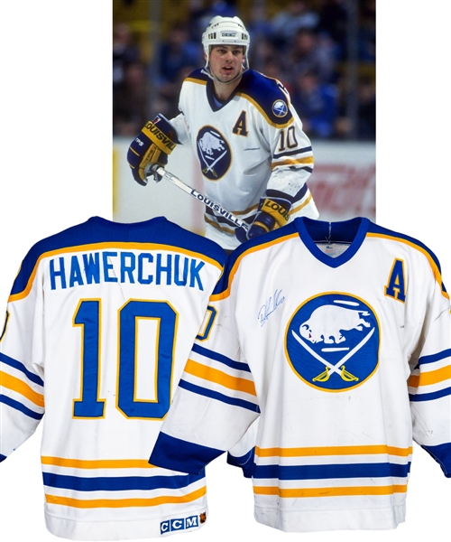 Dale Hawerchuks 1990-91 Buffalo Sabres Signed Game-Worn Alternate Captains Jersey - Nice Game Wear! - Photo-Matched!