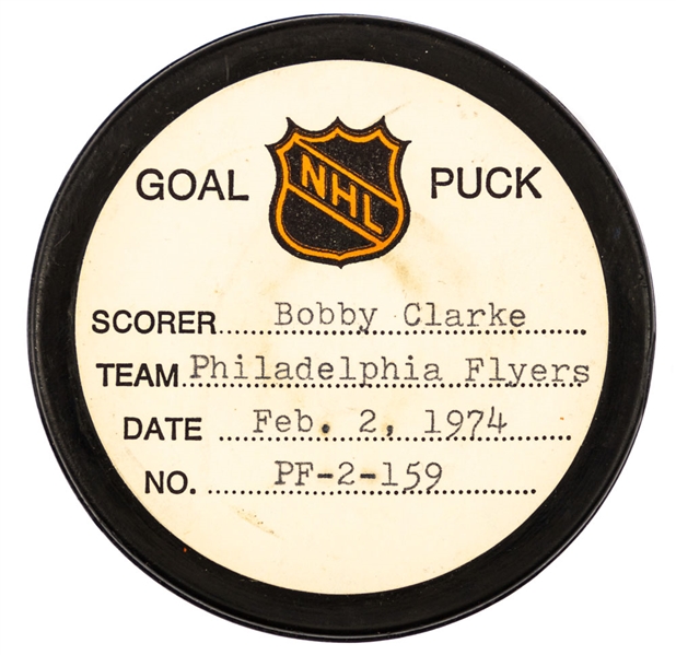 Bobby Clarke’s Philadelphia Flyers February 2nd 1974 Goal Puck from the NHL Goal Puck Program - Season Goal #19 of 35 / Career Goal #132 of 358 - 1st Goal of Hat Trick