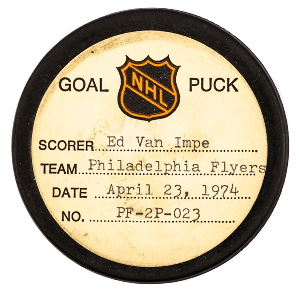 Ed Van Impe’s Philadelphia Flyers April 23rd 1974 Playoffs Goal Puck from the NHL Goal Puck Program - Season POG #1 of 1 / Career POG #1 of 1 - Van Impe’s Only Career Playoff Goal 