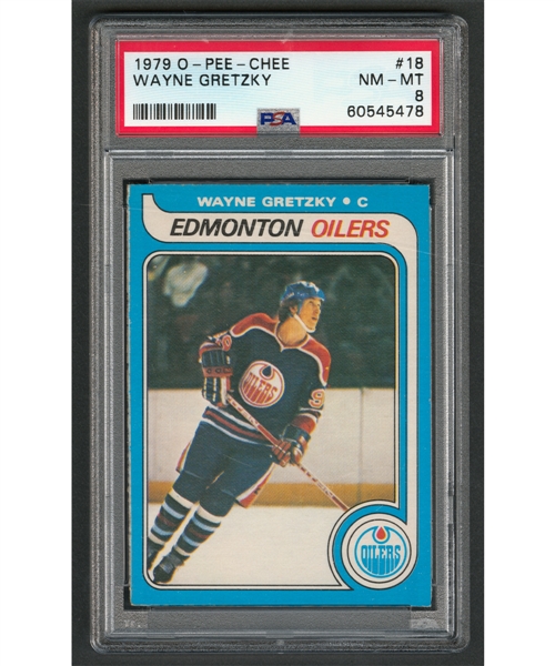 1979-80 O-Pee-Chee Hockey Card #18 HOFer Wayne Gretzky Rookie - Graded PSA 8