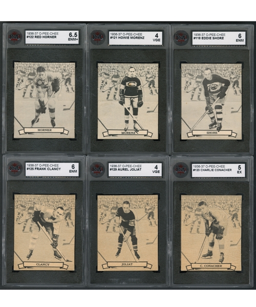 1936-37 O-Pee-Chee Series "D" (V304D) Complete 36-Card Hockey Set Including KSA Graded Cards of Shore (ENM 6), Morenz (VGE 4), C. Conacher (EX 5), Clancy (ENM 6), Joliat (VGE 4) and Horner (ENM+ 6.5)