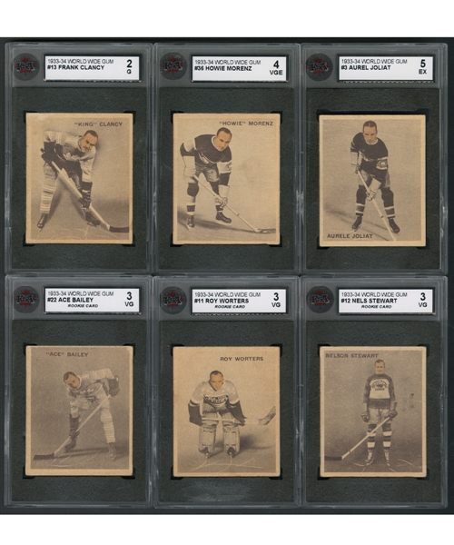 1933-34 World Wide Gum Ice Kings V357 Hockey Cards (48) with KSA Graded Cards (6) Including Morenz (4 VGE) and Joliat (5 EX) Plus 1937-38 World Wide Gum V304D Hockey Cards (40)
